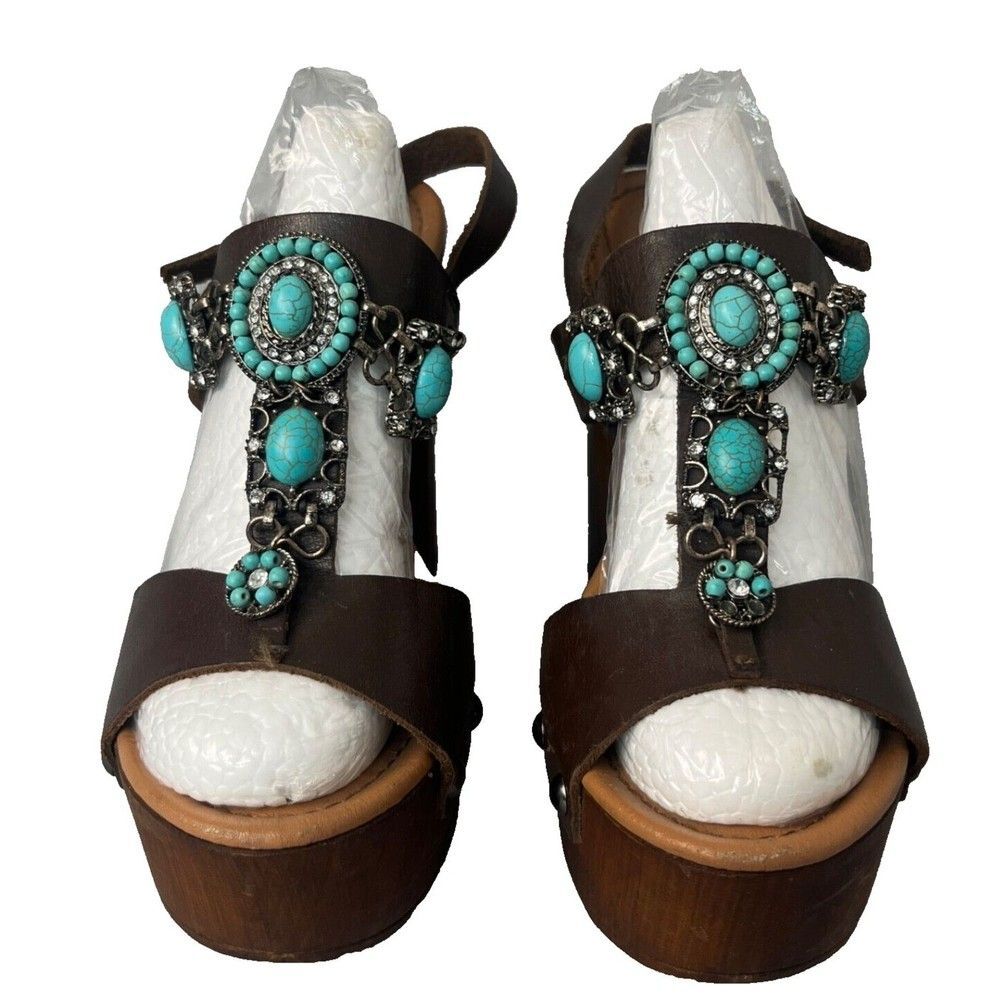 Tosca Blu Brown Leather Platform Heel Sandals Women’s EU 40 Faux Turquoise Beads